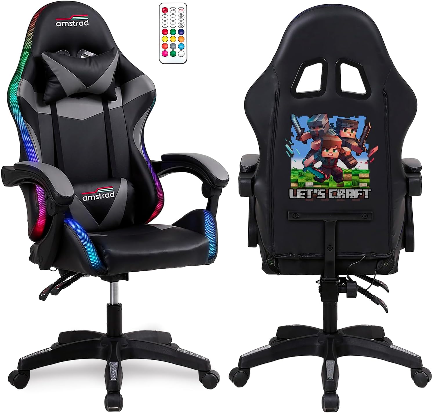 Chaises de Gamer – Amstrad, AMS-900-LED-CRAFTER - Fauteuil Gaming Noir et Gris - Serigraphie Crafter - Eclairage LED 366, Noir/Gris