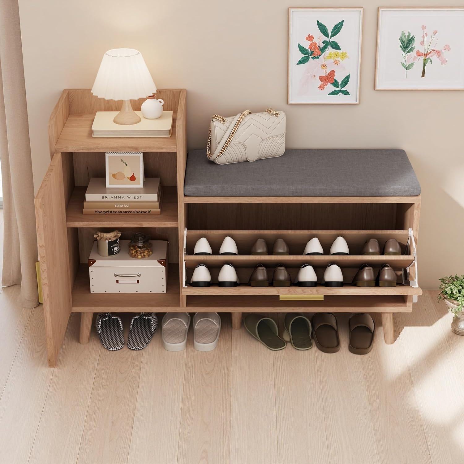 UTTQEW Armoire à chaussures étroite avec coussin d'assise – étagère à chaussures avec 1 rabat et 2 compartiments, pour entrée, 5 cm, 100 x 30 x 69