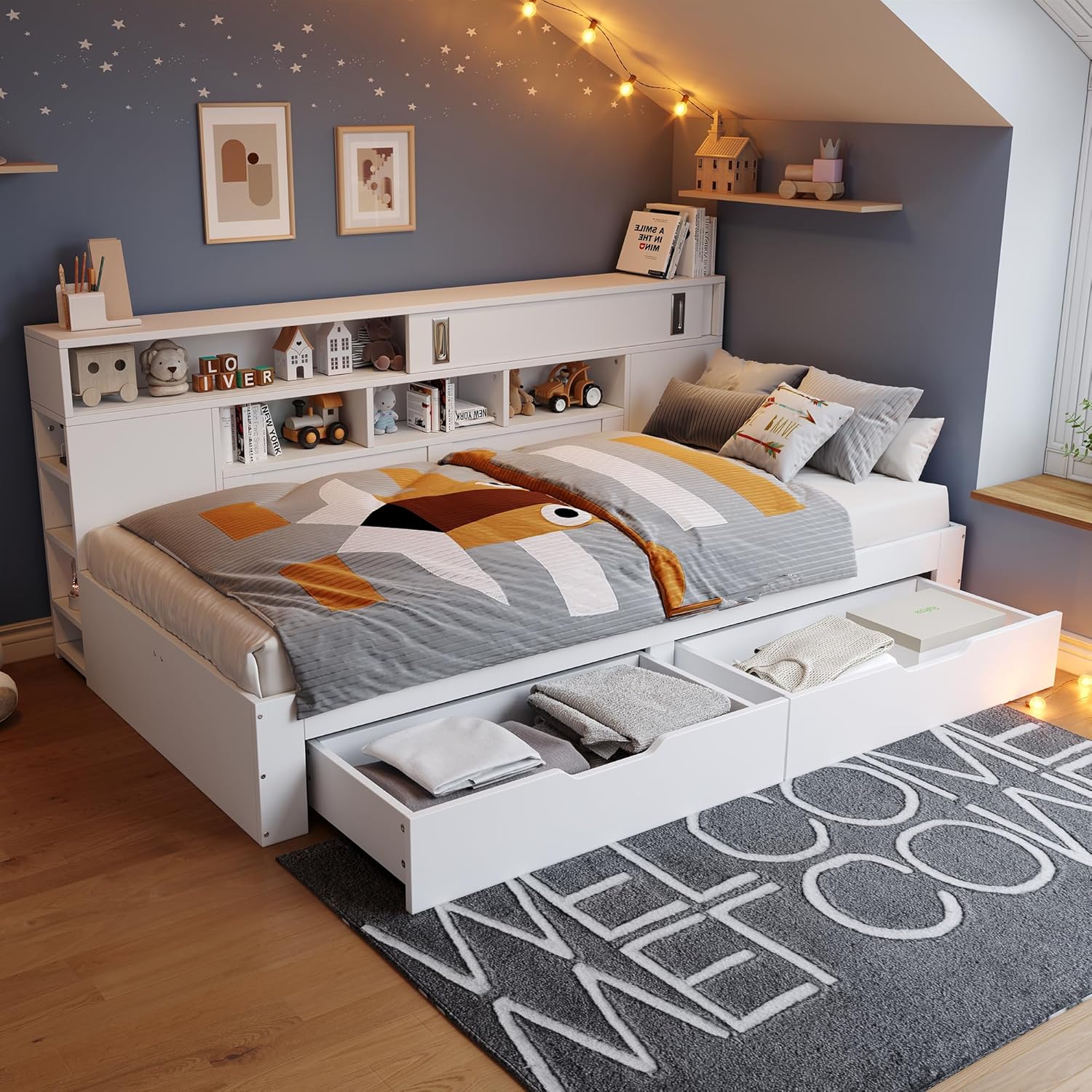 Sapgaks Lit 140 x 190 avec sommier à Lattes – avec tiroirs, Cadre de lit Coffre 140 x 190 cm, Matelas Non Inclus, Blanc, Lit Enfant Simple