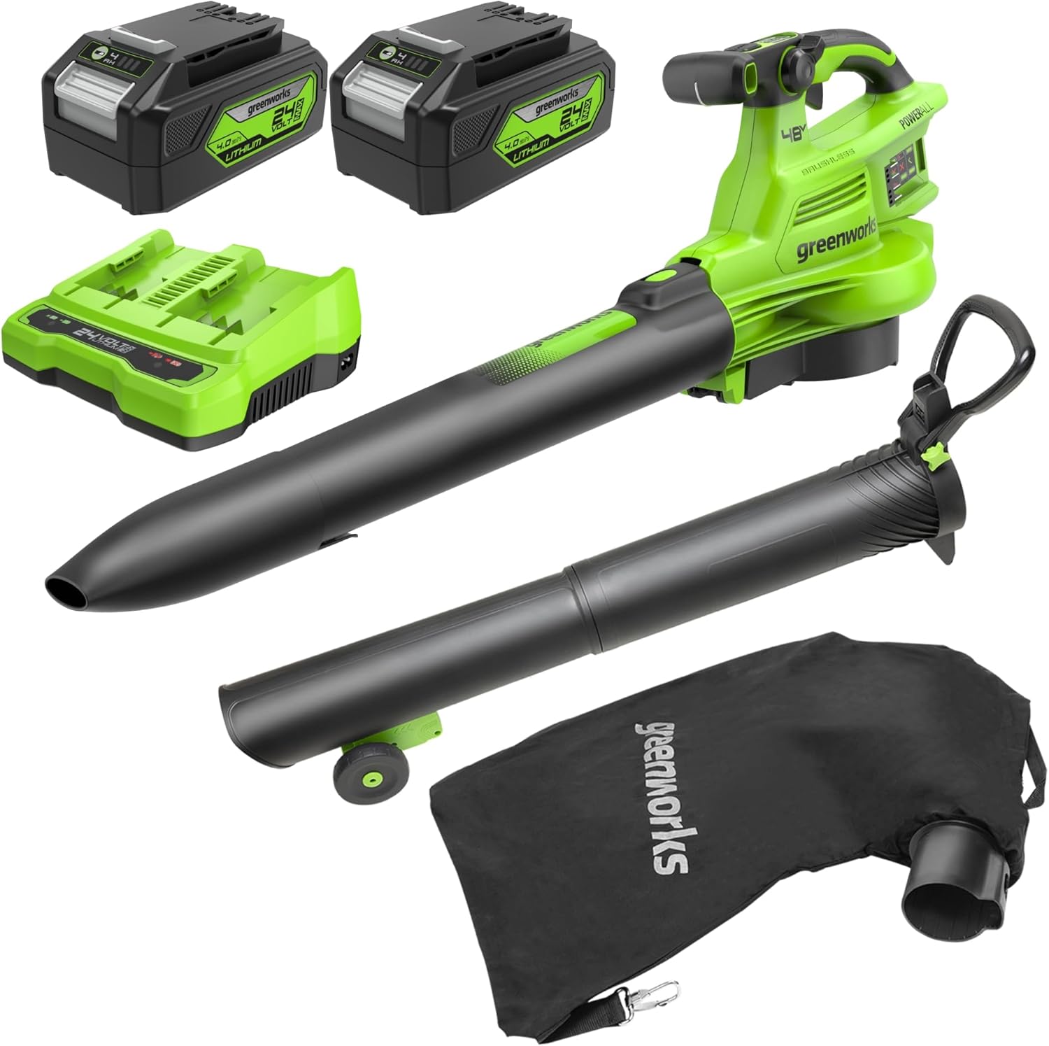 Souffleurs de feuilles – Greenworks, 48V, 24V x 2, 386km/h, 14.73m3/min, Sac Mulching 45L, 2 Batteries 4Ah, 3 Ans BL48L421-01, Chargeur