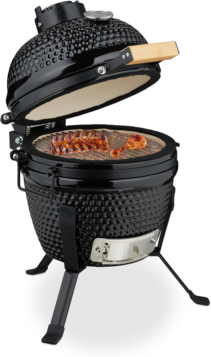 Grill Japonais céramique avec thermomètre 450°C – Barbecue Kamado – Barbecues sur pieds, Relaxdays, Ø 26 cm, Noir, grillade