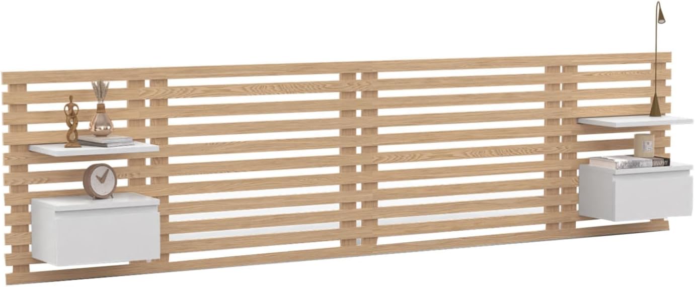 IDMarket Tête de lit Suspendue en Lattes AVA 240 cm avec chevets + tiroir façon Bois Clair et Blanc – Bois Clair/Blanc