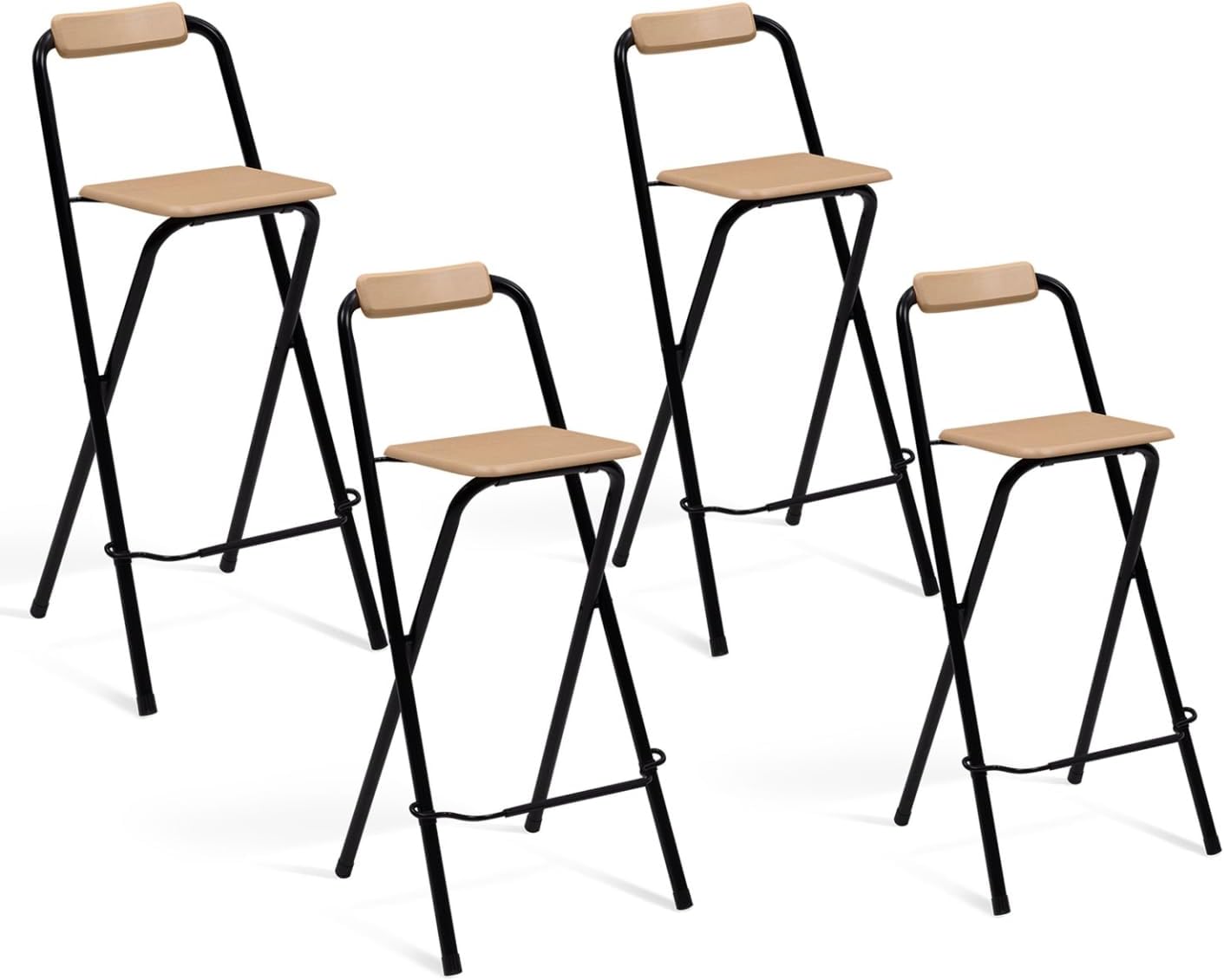 IDMarket Lot de 4 tabourets de Bar pliants Detroit Structure Noire avec Assise Effet Bois Design – Noir/Bois