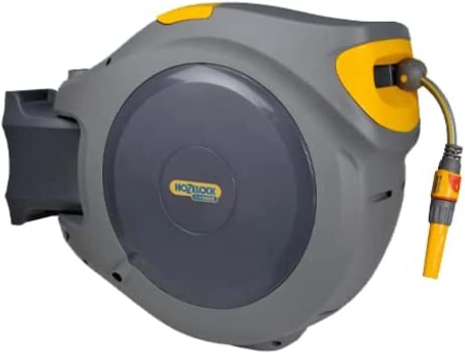 Hozelock Dévidoir Mural FlowMax AutoReel Gros débit avec Tuyau de 30m 25970000 – Sa conception compacte et ergonomique, Gris/Jaune