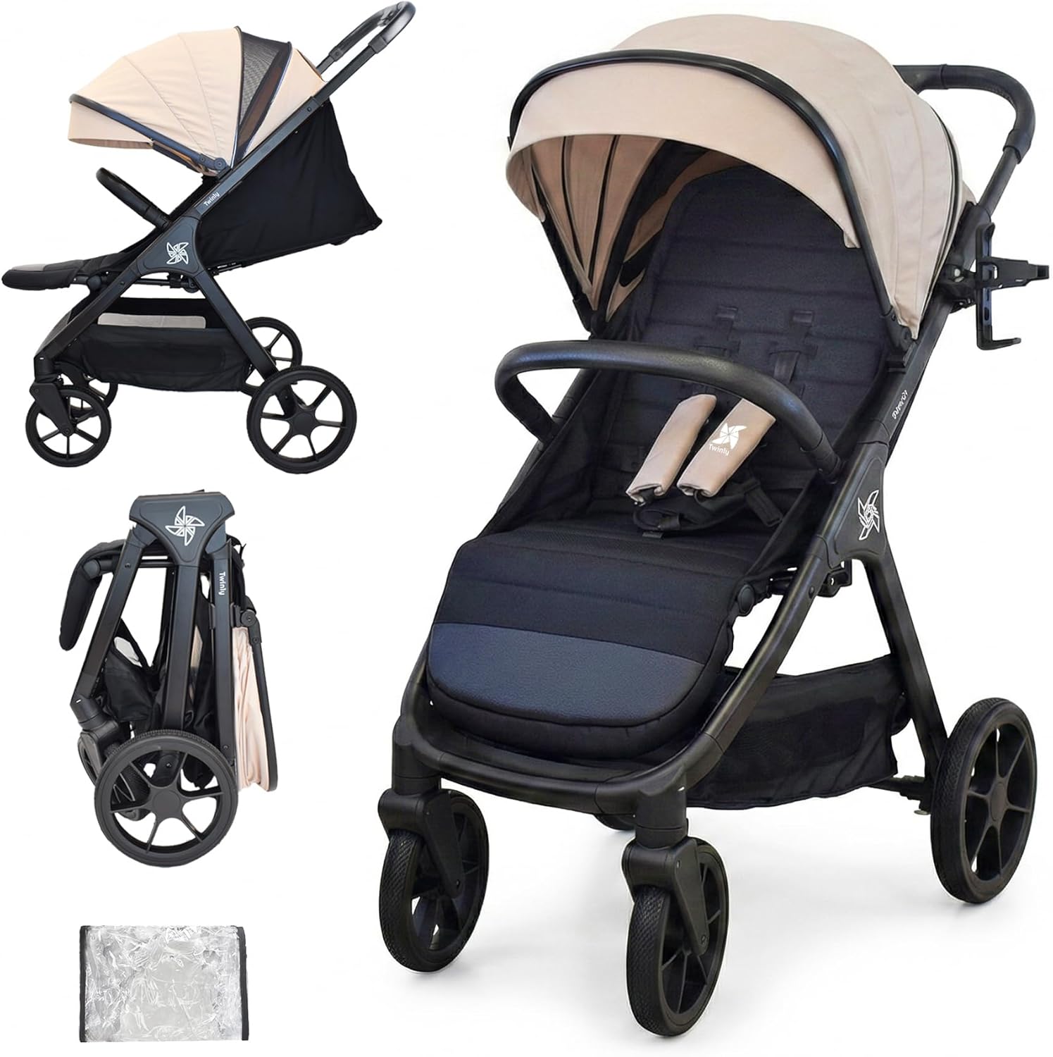 Twinly Spacely - Poussette Canne Compacte et Légère jusqu'à 25kg - Dès la Naissance – Capote XXL avec Filtre UPF-50