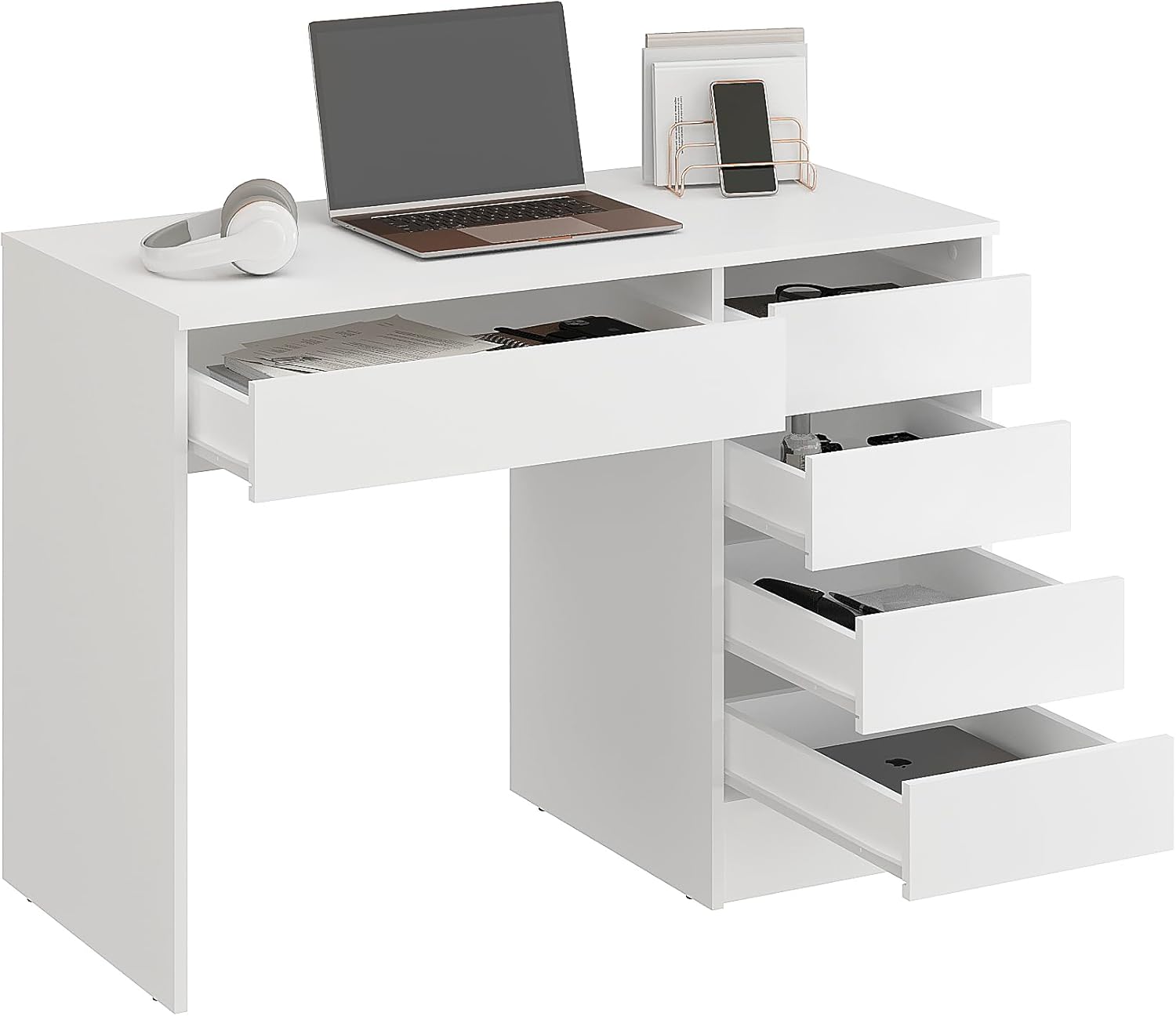 Bureaux – Komto, Bureau Blanc avec 5 Tiroirs, Table PC 110 cm, 5 cm, PLIO 110 x 53 x 78, Poste Informatique avec Espace de Rangement
