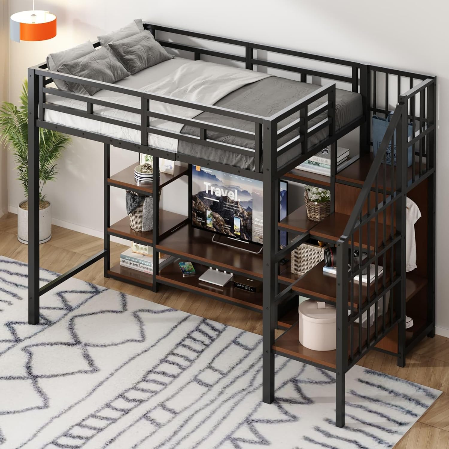 PUGSDRLY Lit Mezzanine 1 Place 90x200cm – sans Matelas (90), avec Étagères et échelles de Rangement, Métal et Bois