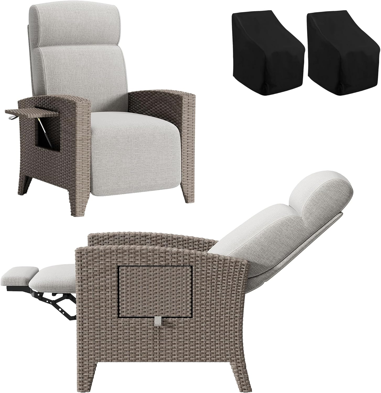 Set de 2X Chaise Longue Bain de Soleil en Rotin avec Dossier Réglable – Fiutazge, Coussin épais Amovible et Lavable