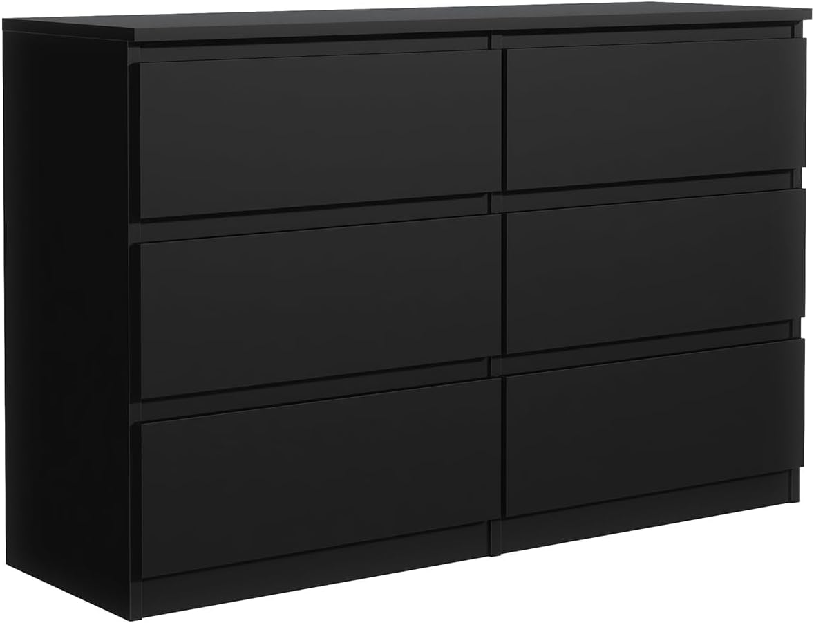 MebLocker Commode 6 Tiroirs Noir 120 cm - Design Minimaliste - 120 x 39 x 78 – 5 cm - Meuble de Rangement Spacieux pour Chambre, Salon ou Bureau