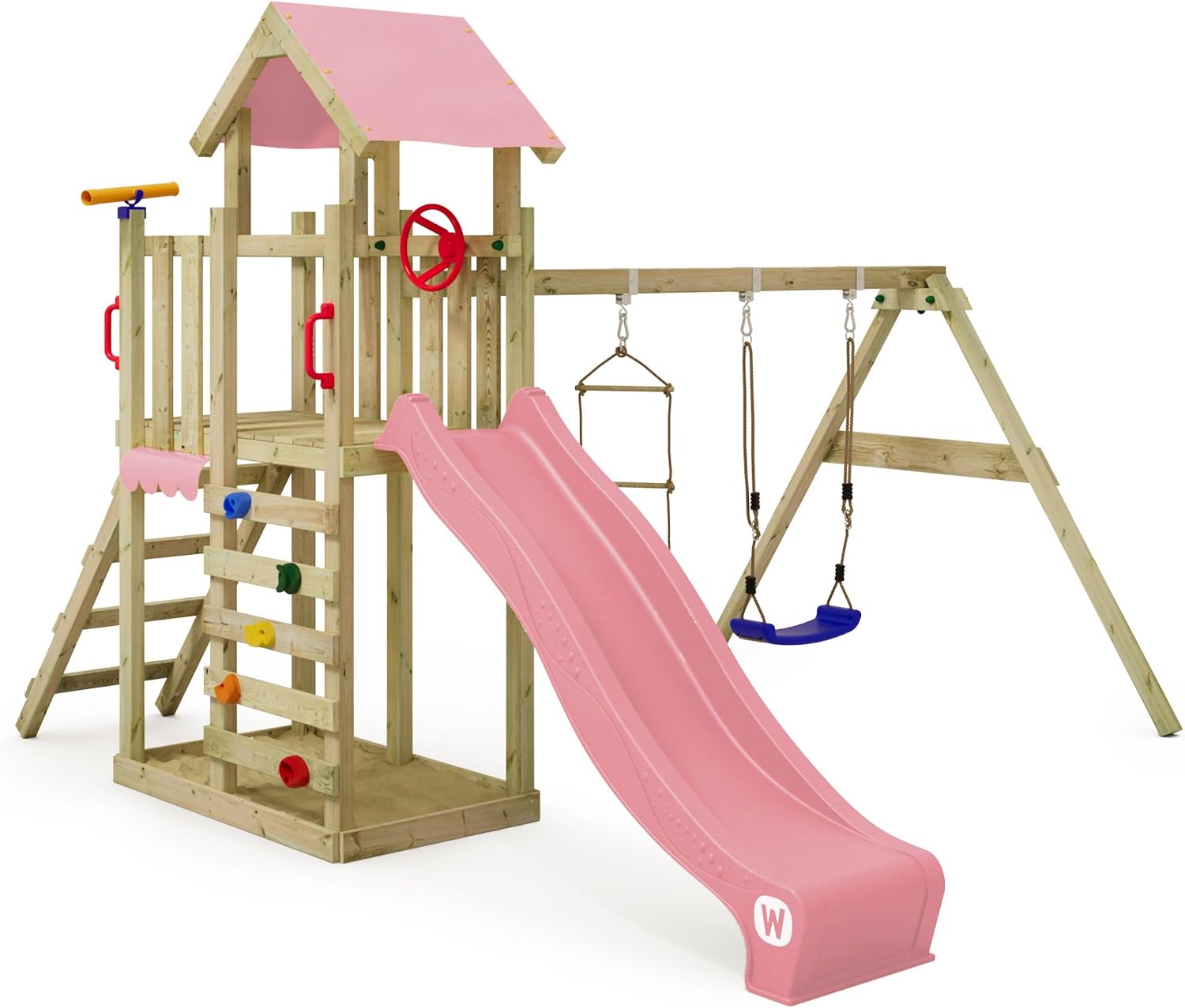 Wickey Aire de Jeux MultiFlyer Light – Portique en Bois avec Balançoire et Toboggan, Tour d'escalade pour Enfants avec Bac à Sable