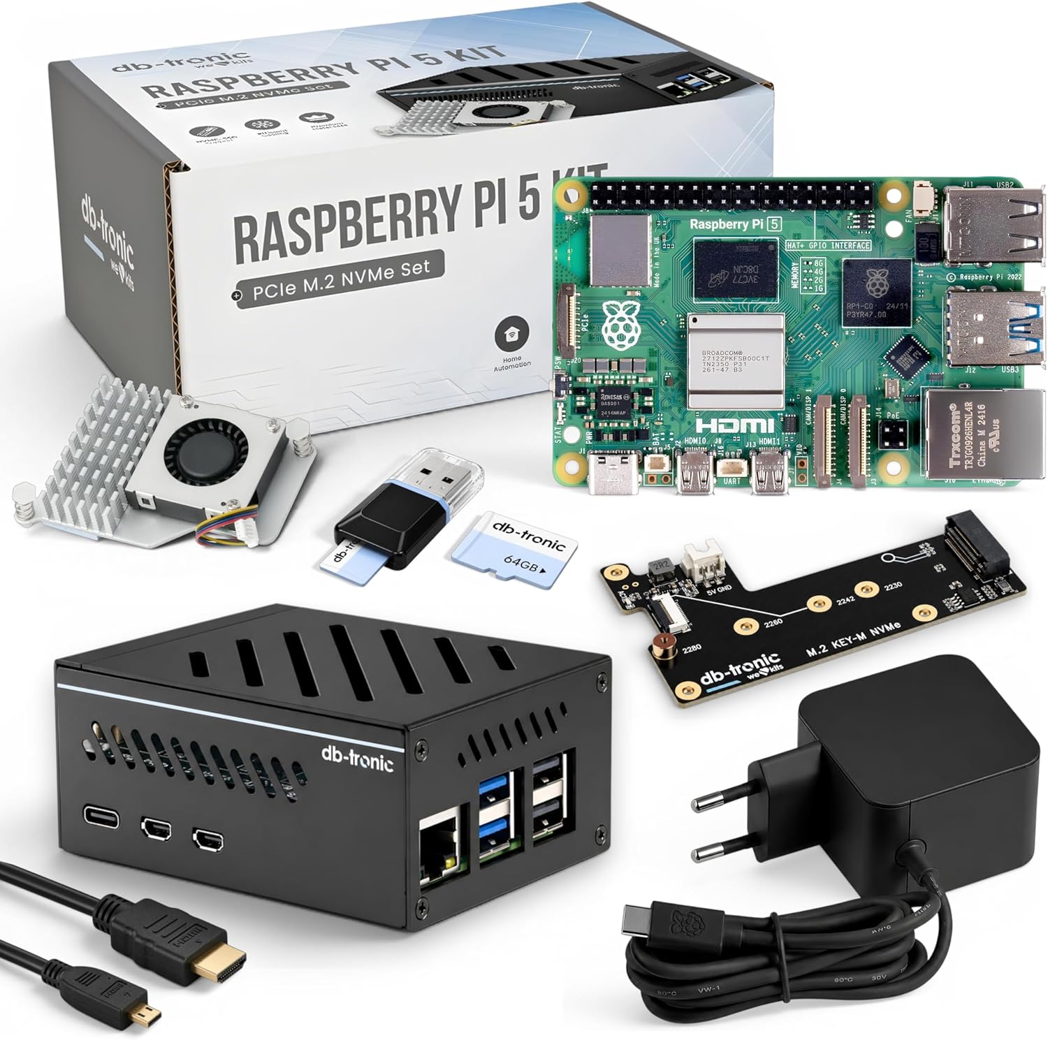 Alimentation 27 W – Raspberry Pi 5 16 Go NVMe Kit – 1628, db-tronic, Édition 64 Go, SSD M.2 NVMe PCIe, Boîtier métal, Noir