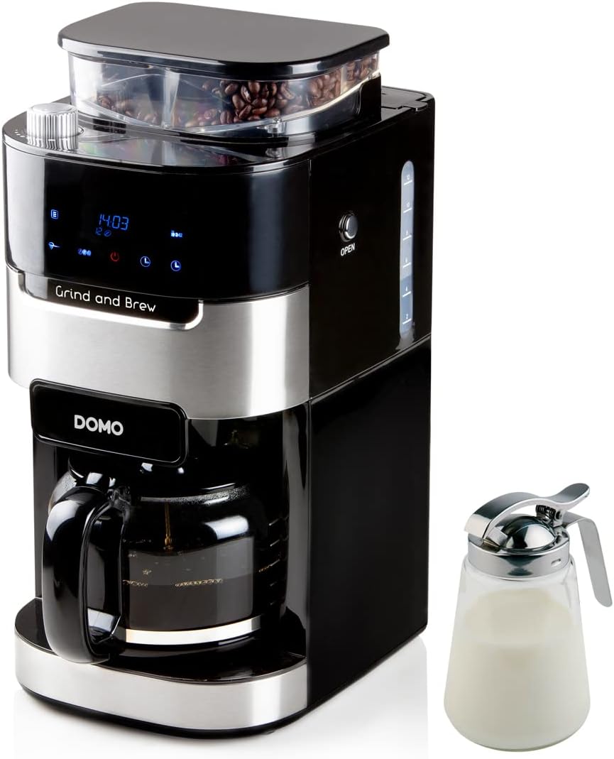 DOMO Machine à café automatique pour 12 tasses avec broyeur conique pour grains entiers et café – Noir/Argent