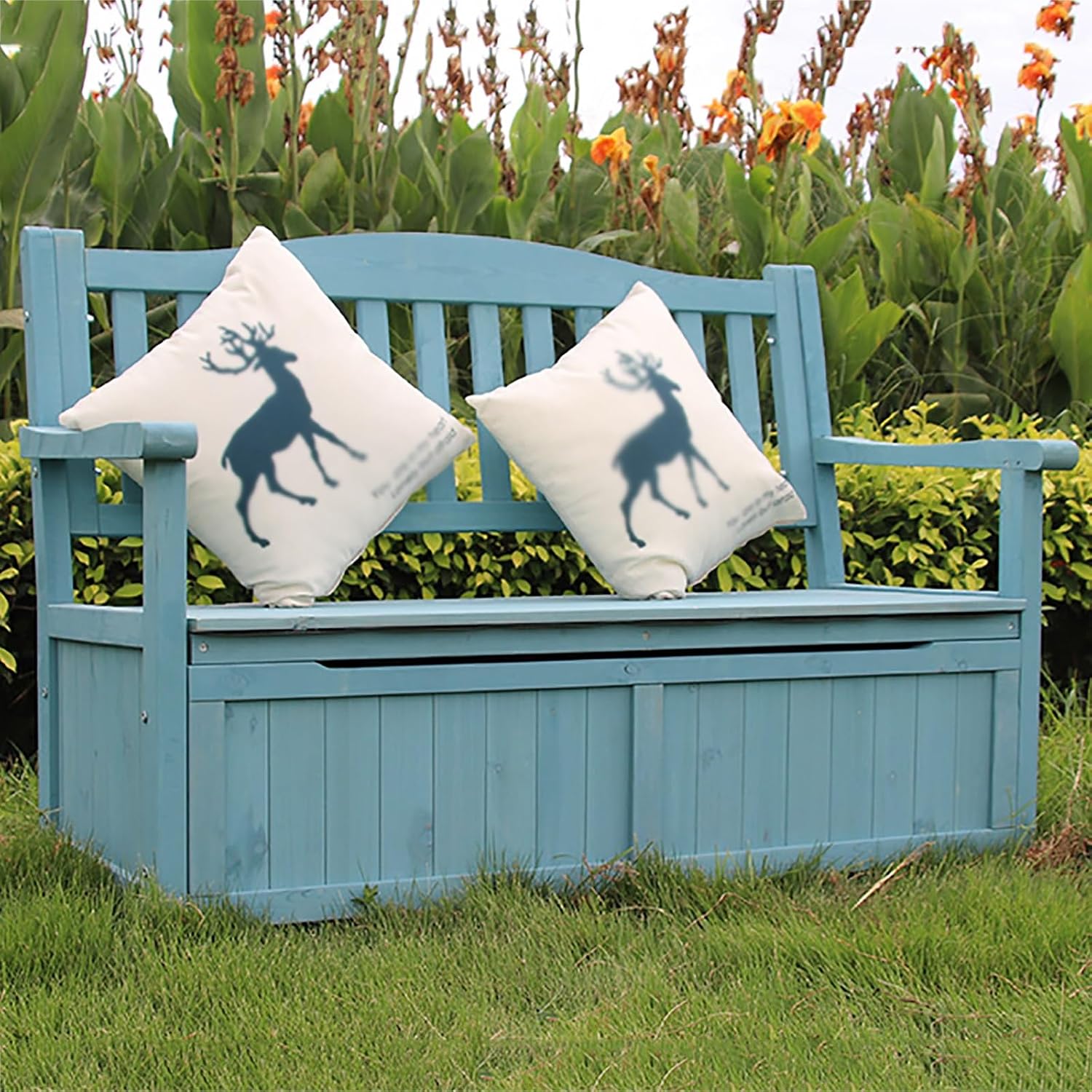Banc de rangement de jardin – coffre de terrasse en bois avec dossier et accoudoir, grande capacité de charge 400 kg, Bleu/Blanc