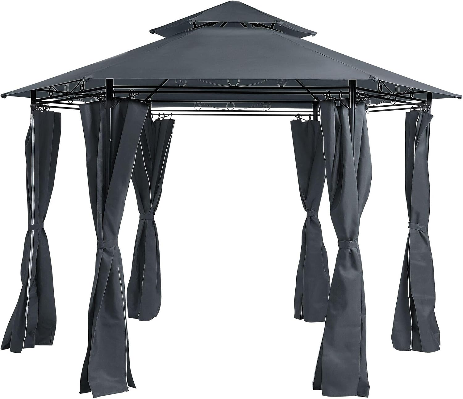 Beliani Tonnelle Pavillon de Jardin Hexagonal Gris Foncé avec Rideaux Pratiques et Structure en Acier