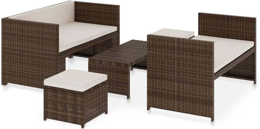 Mhdvray Salon de Jardin 5 Pièces en Résine Tressée Marron – Ensemble Mobilier Extérieur avec Coussins Blanc Crème, Table Basse, Marron/Blanc Crème