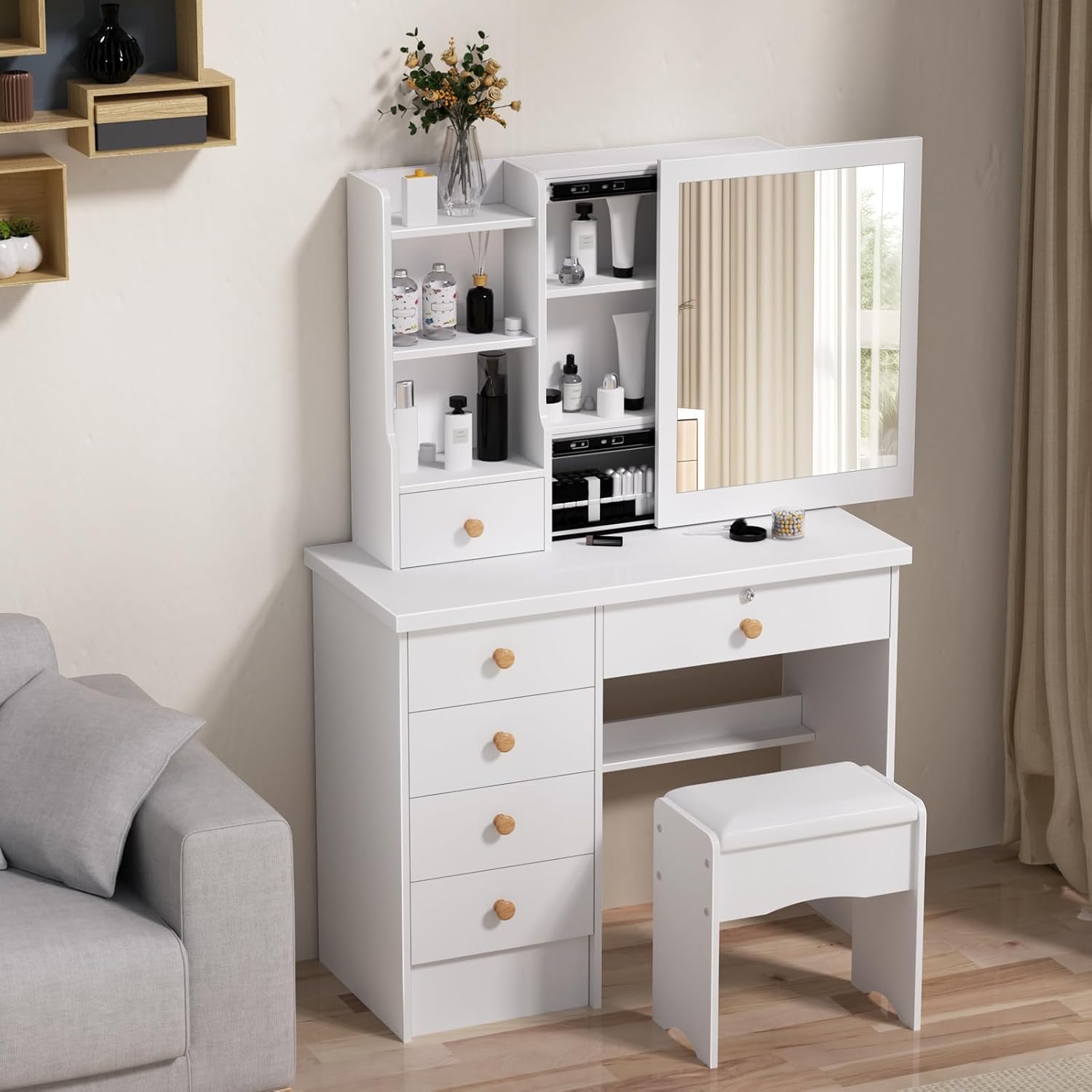 6 tiroirs Table de Maquillage Miroir Coulissant avec étagères Ouvertes – Coiffeuses, karelwui, Espace Rangement Blanc