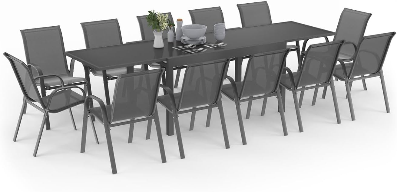 IDMarket Salon de Jardin Madrid Table Extensible Plateau Gris 135-270 CM et 12 chaises empilables Gris