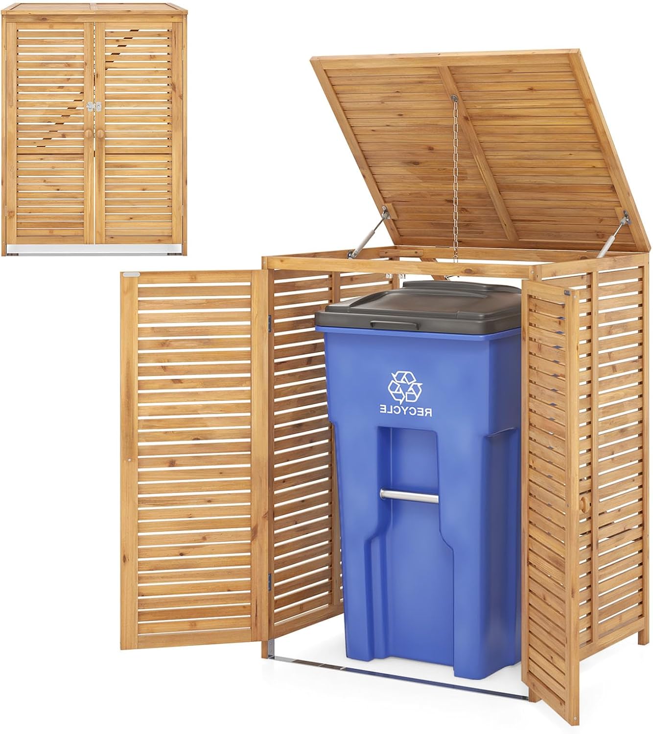 LIFEZEAL Abri à Poubelles en Bois – Abris Poubelles de Jardin avec Couvercle Ouvrant, Cache Poubelle 120 L, 86 x 70 x 114 cm, Bois/Bleu/Gris