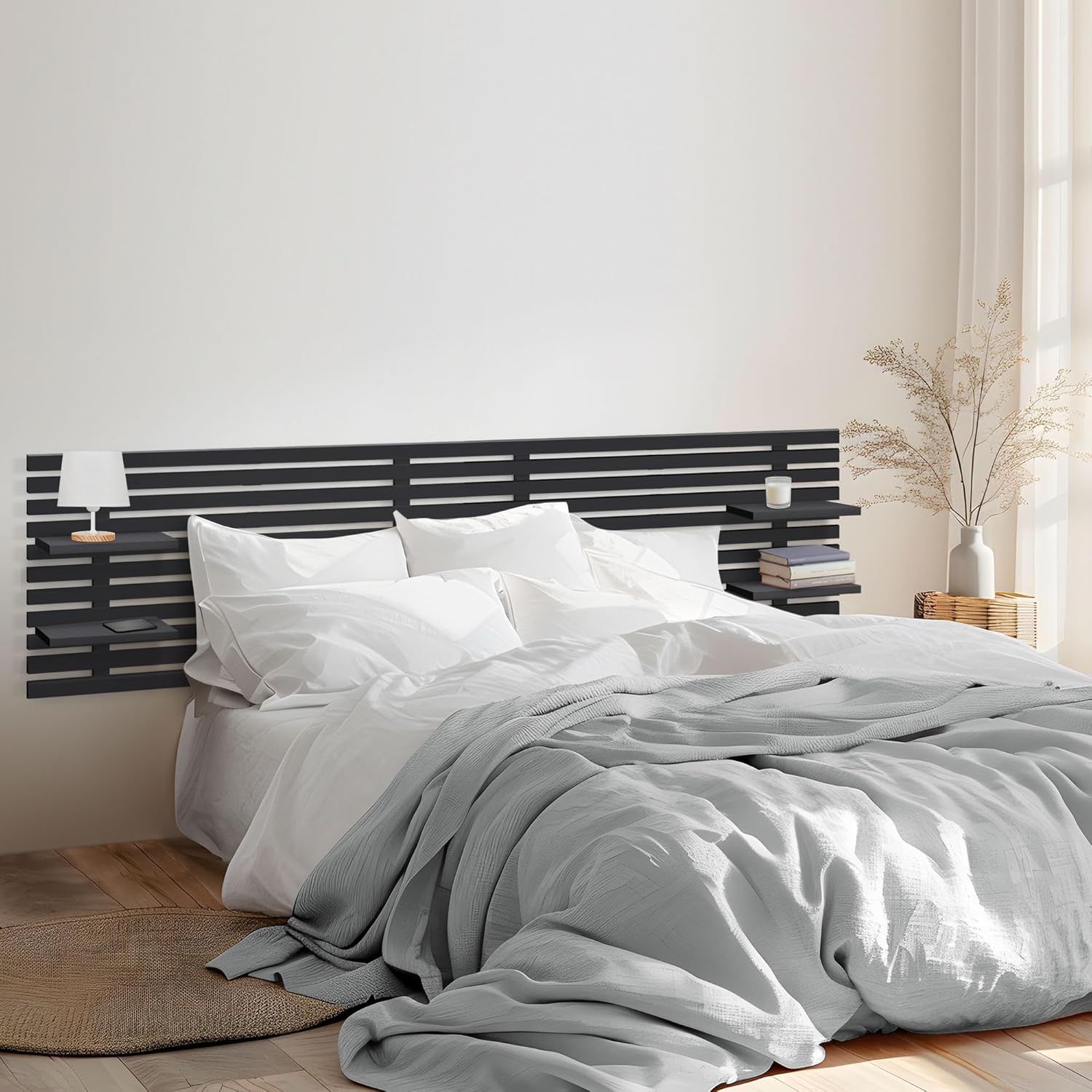210cm – Tête de Lit avec Étagères en Bois recyclé DM Suspendu au Mur Style Japonais Lit Vintage – Têtes de lit, DHOME, Noir Solide