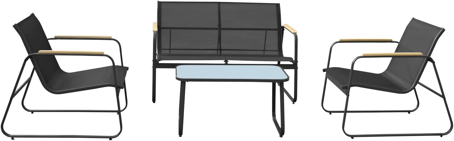 Salon de Jardin Tenerife en textilene Noir – Canapés, Happy Garden, 4 Places, de 2 fauteuils et d'une Table Basse rectangulaire