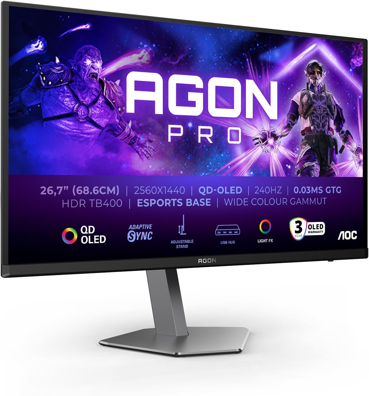 USB Hub – Moniteur AG276QZD2AM 26.5' 240Hz QD-OLED Dalle – Écrans PC, AOC, 0.03ms GtG, HDR400 TrueBlack, G-Sync Comp., Noir