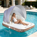GYMAX Matelas Gonflable Piscine 2-en-1 pour Adultes – 180×180×160cm Lit Gonflable Flottant Piscine avec Auvent Rétractable UPF 50+, Blanc/Brun/Gris