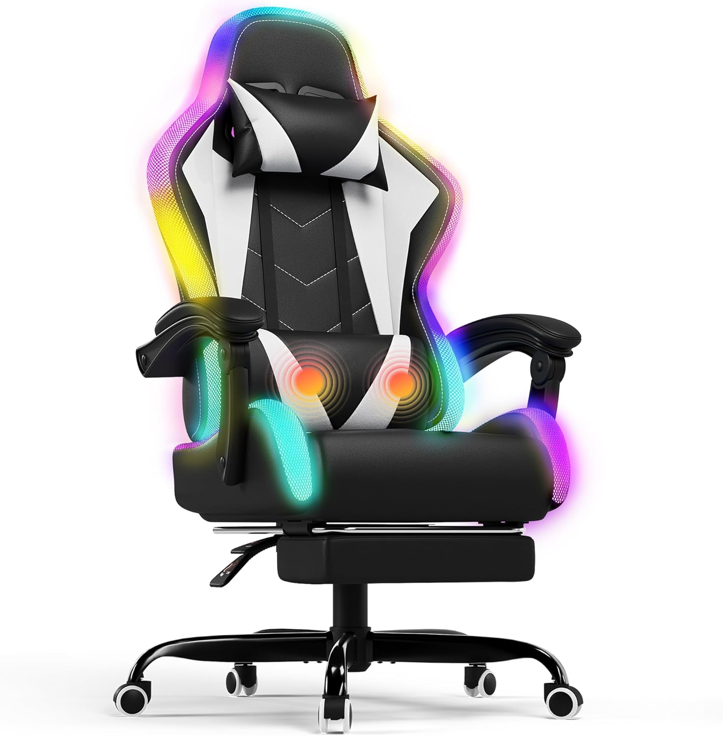 Chaises de Gamer – Devoko, Chaise Gaming Ergonomique avec LED RGB, 180 kg, Fauteuil Gamer avec Appui-tête réglable, Blanc, Noir/Blanc