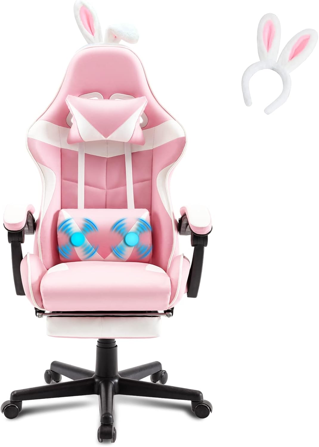 Soontrans Chaise Gaming Massante Ergonomique Fauteuil Gamer avec Serre-tête & Support Lombaire Massage & – Rose, Rose/Blanc